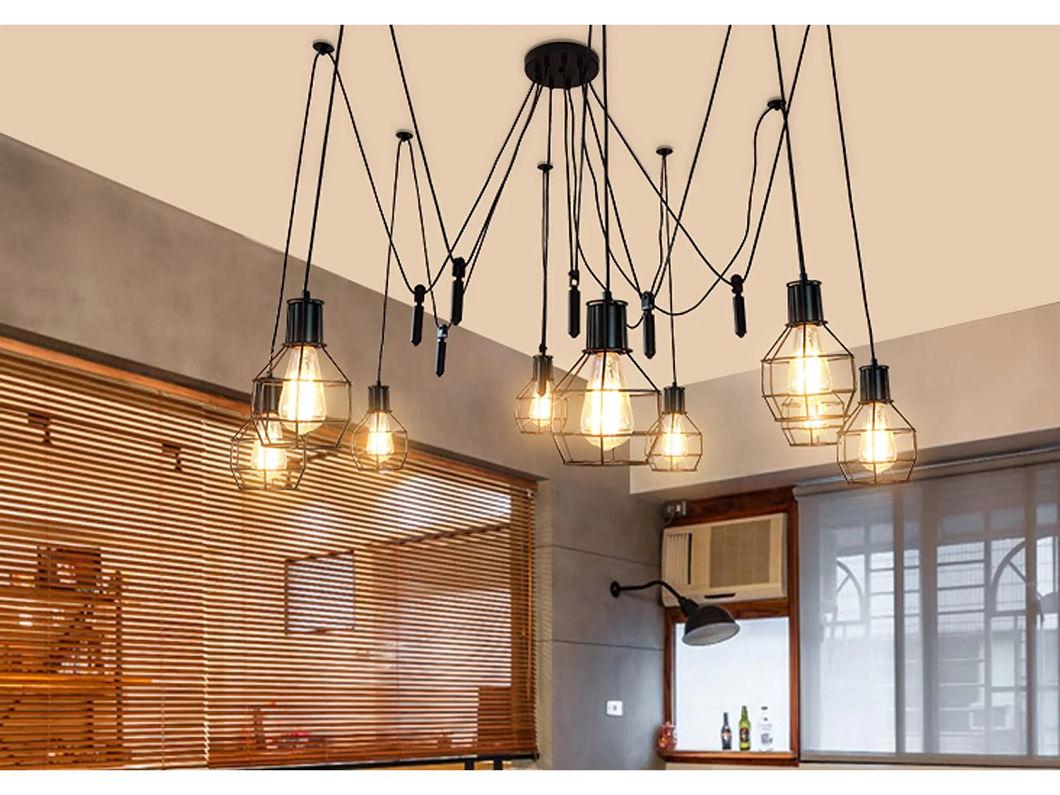 Suspension lampe suspendue lustre hauteur réglable en métal industriel noir 9x abat-jour en treillis 04_0004057