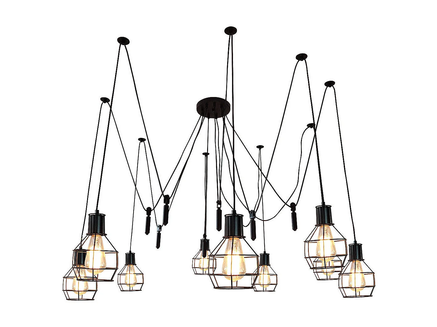 Suspension lampe suspendue lustre hauteur réglable en métal industriel noir 9x abat-jour en treillis 04_0004057