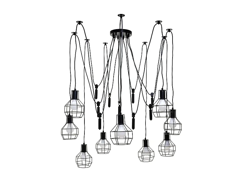 Suspension lampe suspendue lustre hauteur réglable en métal industriel noir 9x abat-jour en treillis 04_0004057