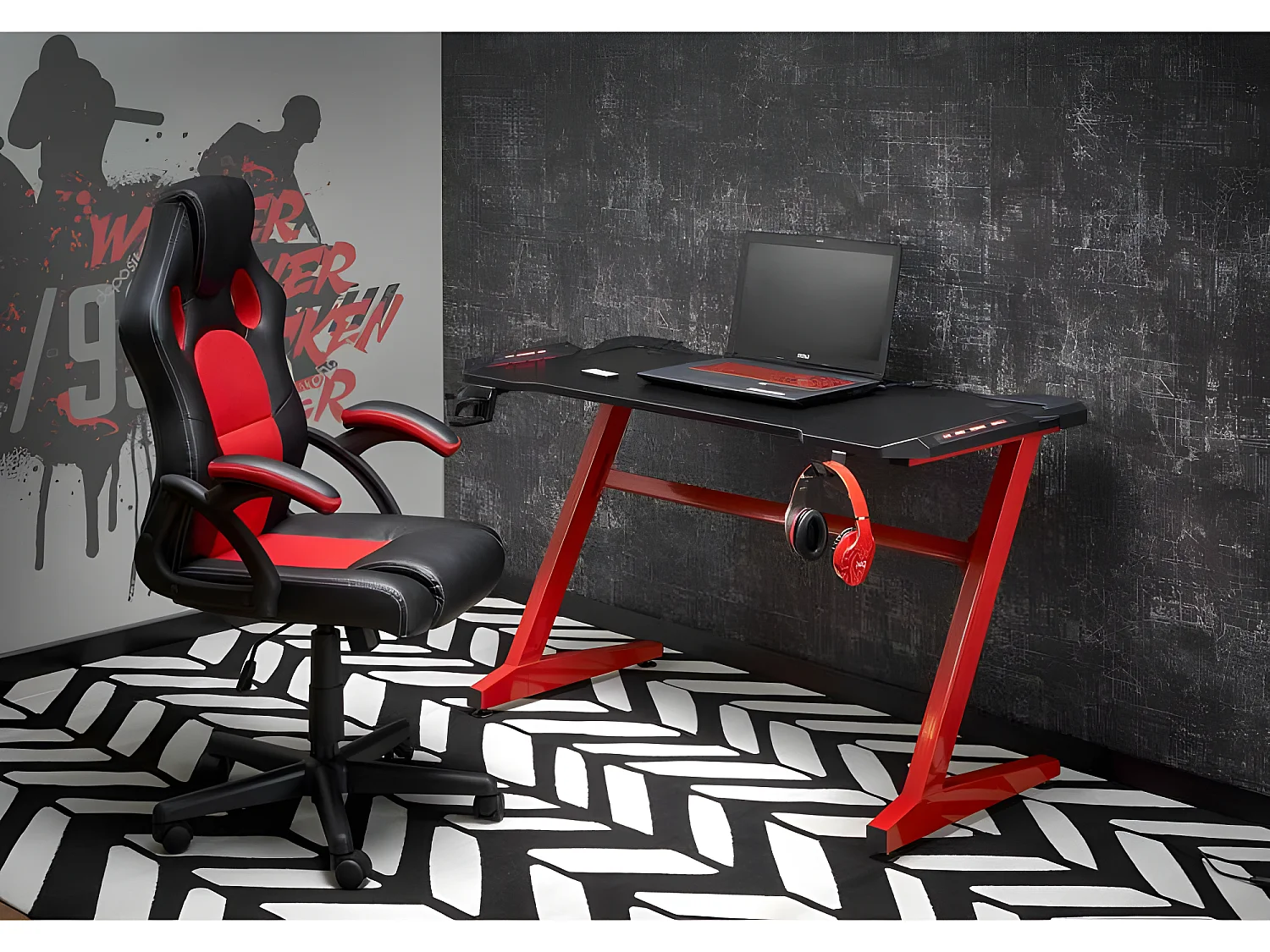 Bureau design gamer noir et rouge à LED Tilik