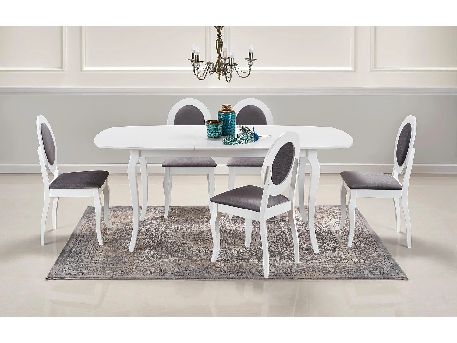 Chaise de salle à manger baroque en bois massif blanc et tissu gris Barroco