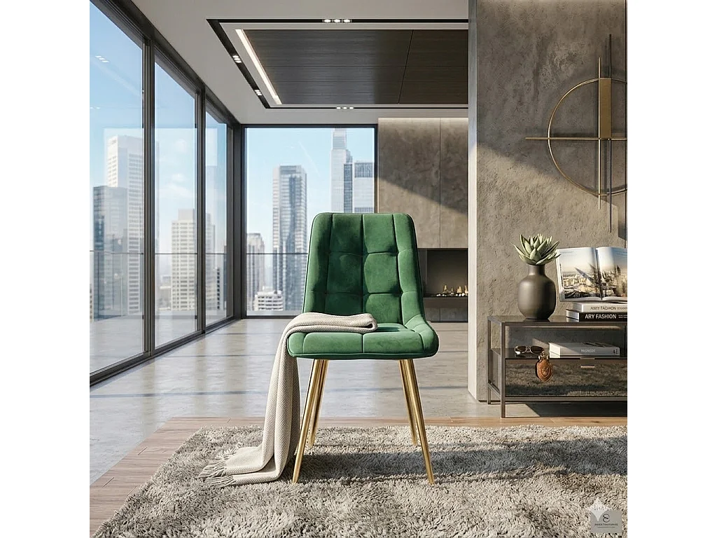 Chaise design velours vert pieds or Harriet