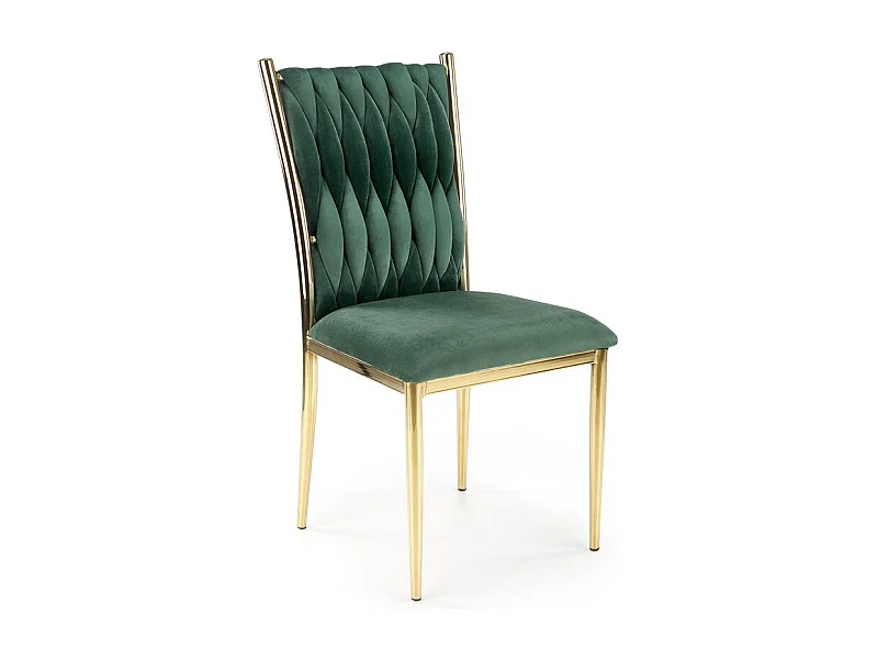 Silla de comedor de terciopelo verde con respaldo tapizado y estructura de metal dorado CLYTIA