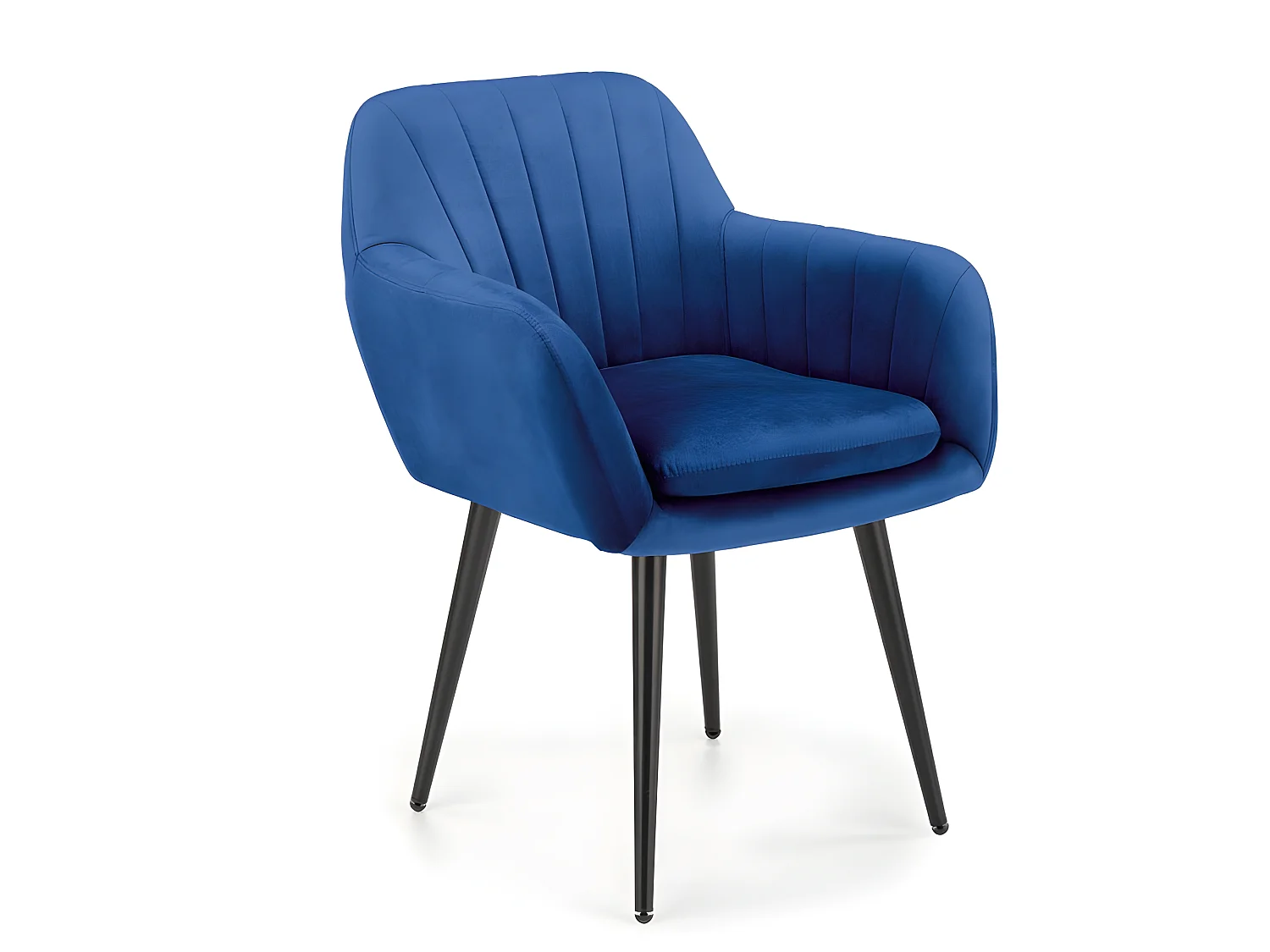 Chaise en velours bleu avec coussin d'assise et pieds en métal noir AMY