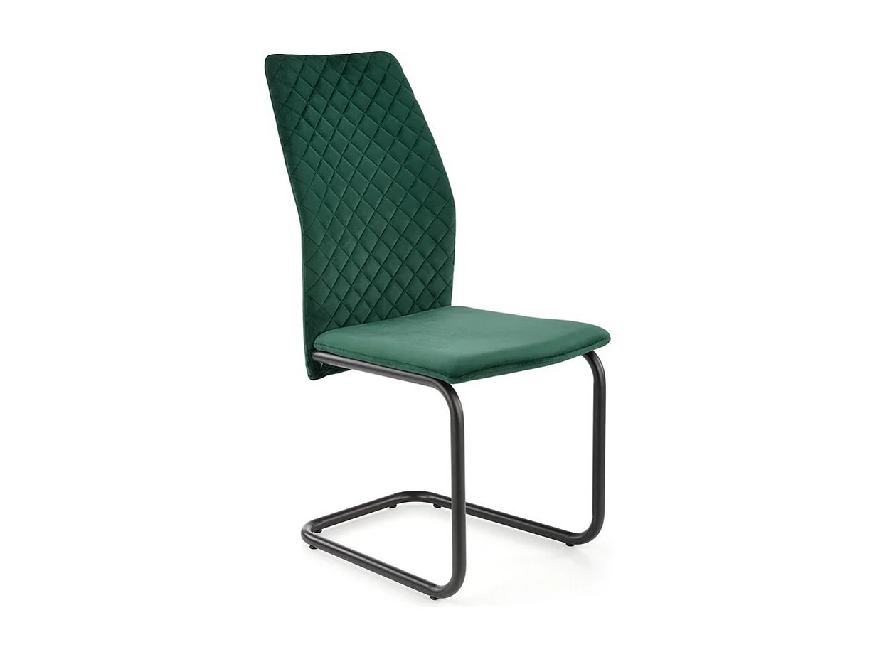 Chaise en velours vert avec haut dossier et piètement design en métal noir ENOLA