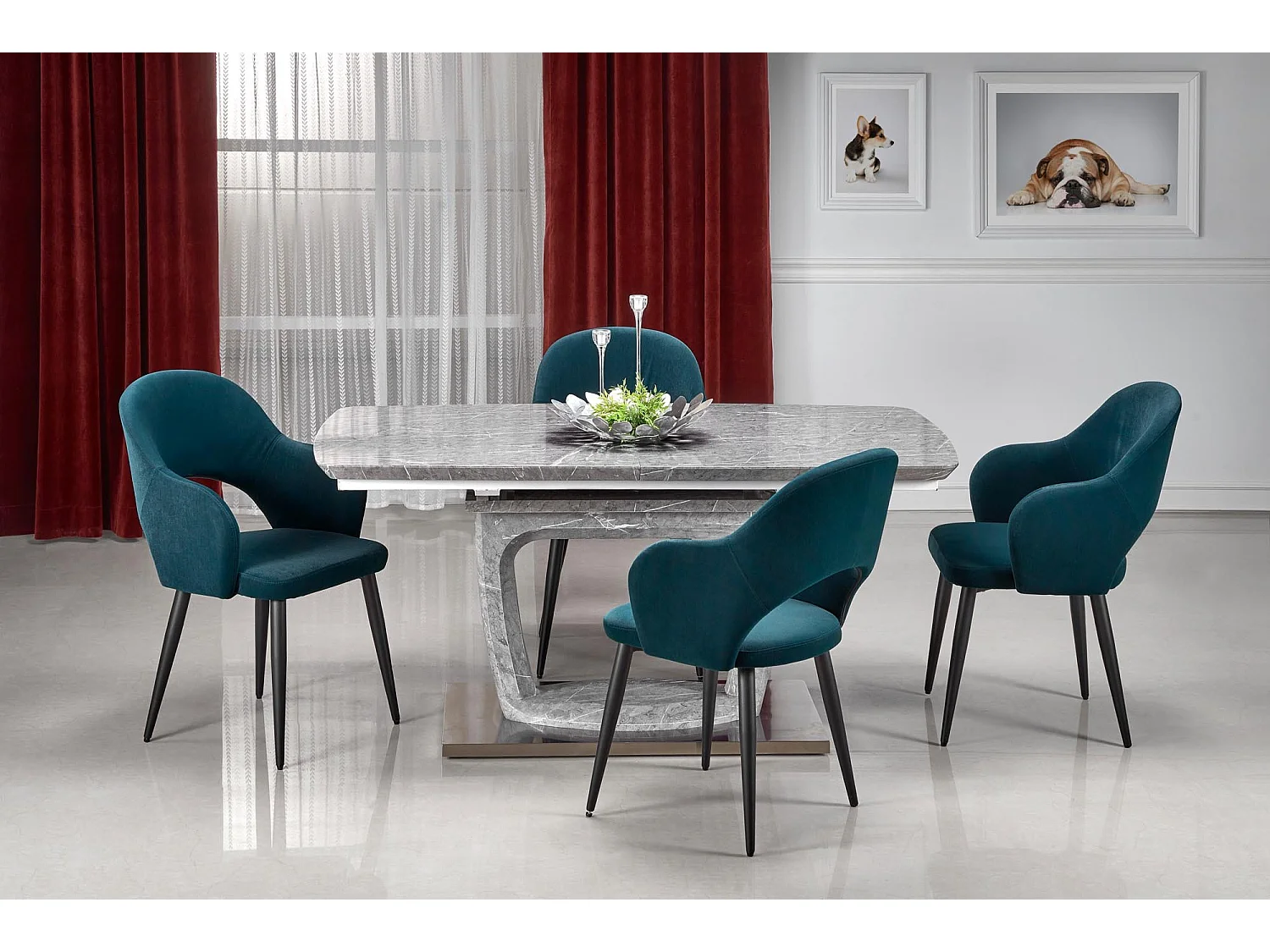 Chaise de salle à manger en velours vert foncé avec pieds en acier noir UNIK