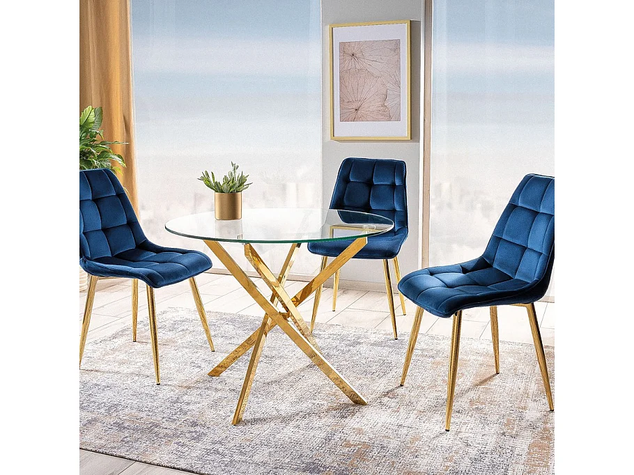 Silla de diseño Harriet de terciopelo azul con patas doradas