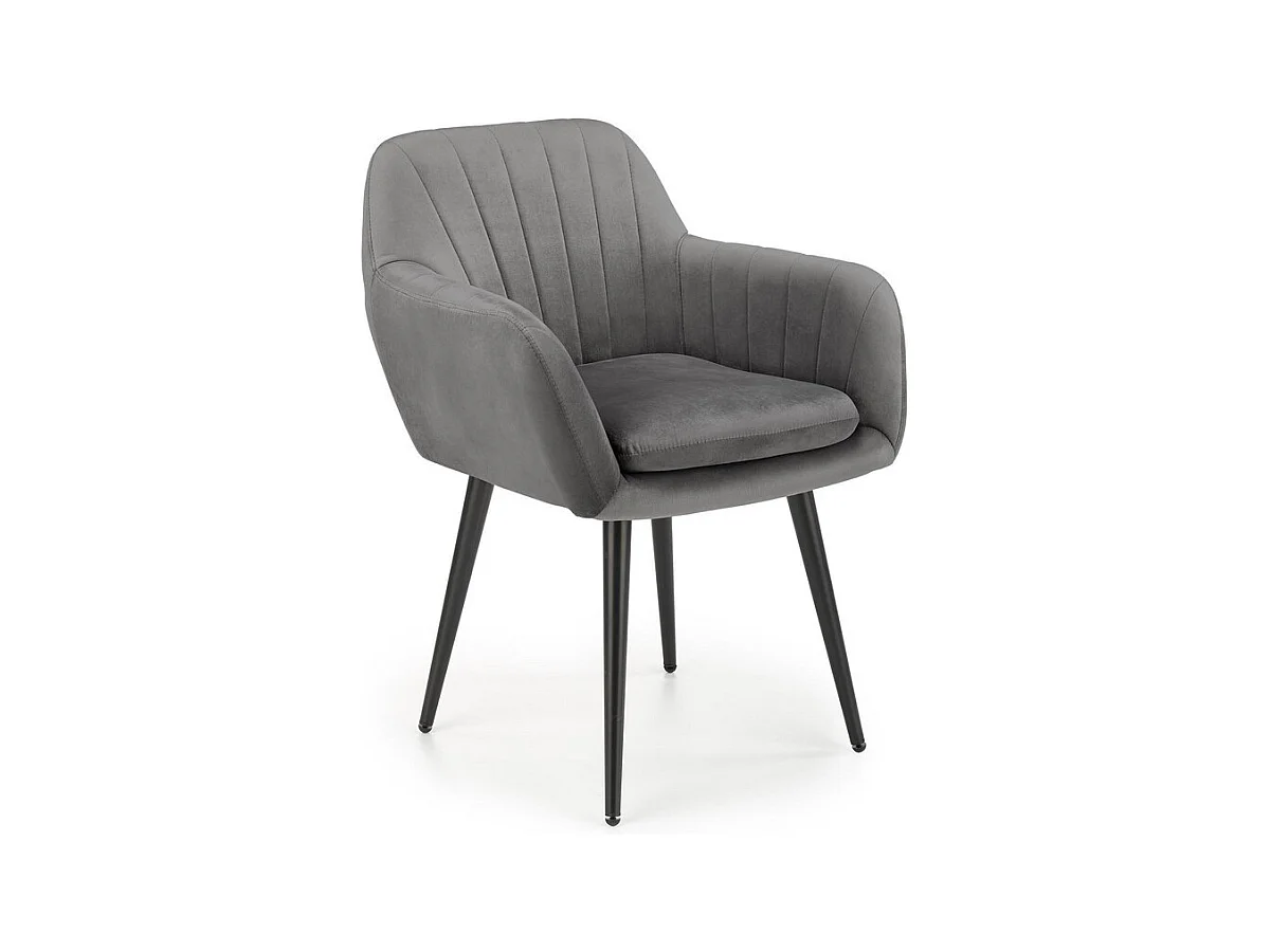 Chaise en velours gris avec coussin d'assise et pieds en métal noir AMY