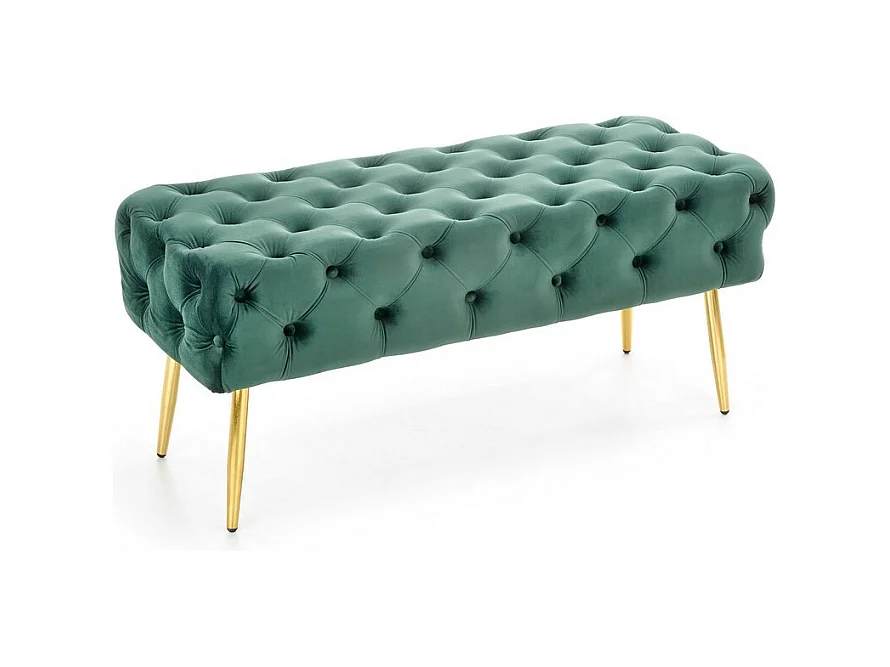 Banc capitonné en velours vert avec pieds dorés en métal PAOLA