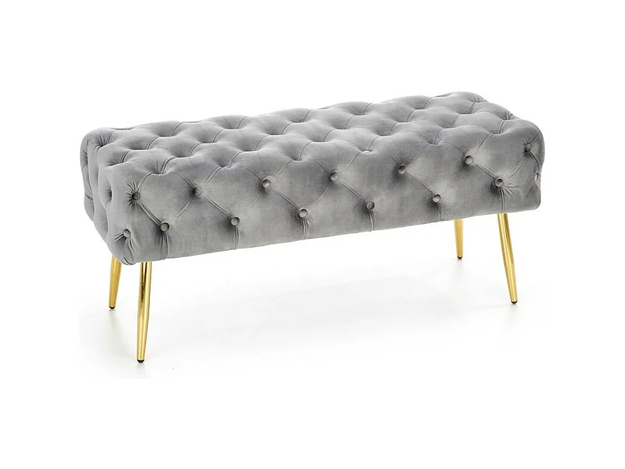 Banc capitonné en velours gris avec pieds dorés en métal PAOLA