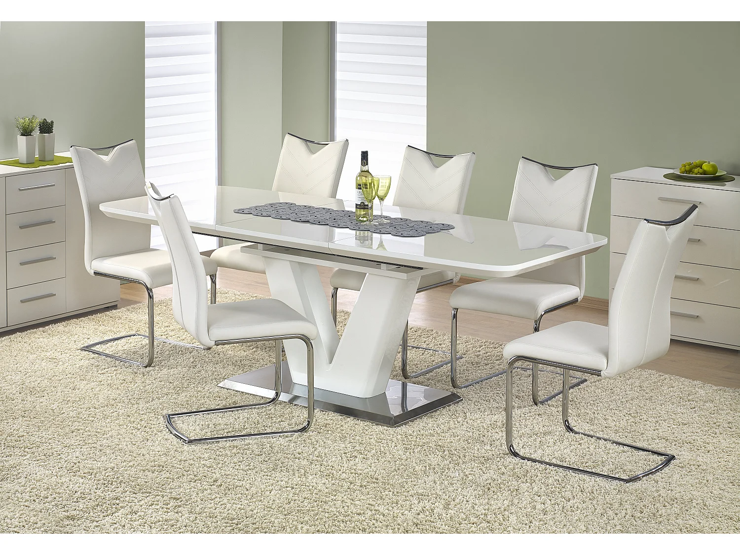 Table à manger extensible blanc laqué pied en V Clari