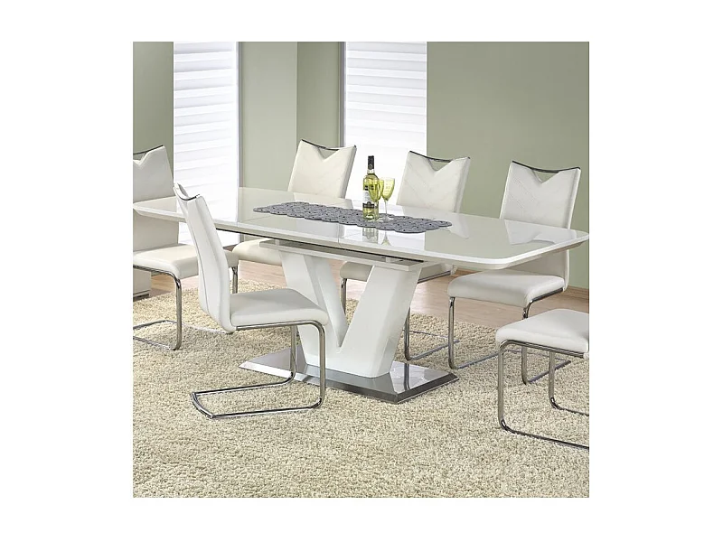 Table à manger extensible blanc laqué pied en V Clari