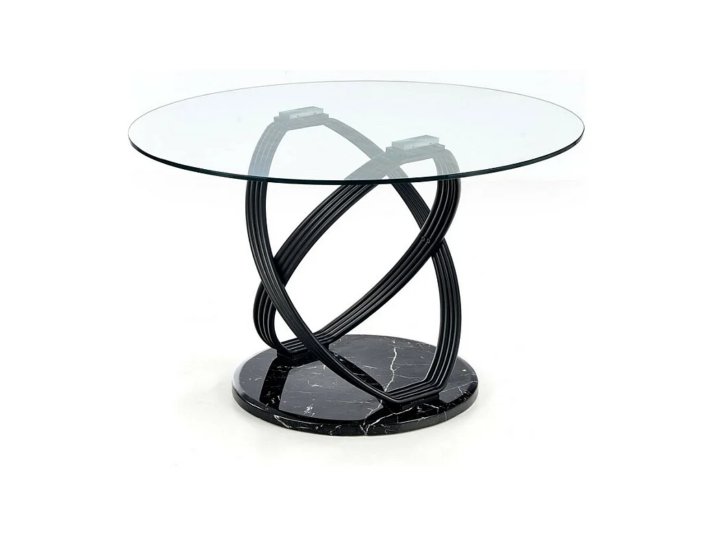 Table de salle à manger ronde avec plateau en verre et pied design en acier noir Illusion