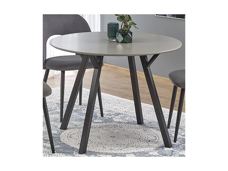Table à manger ronde avec plateau 100cm gris et pieds en métal noir CHARLOTTE