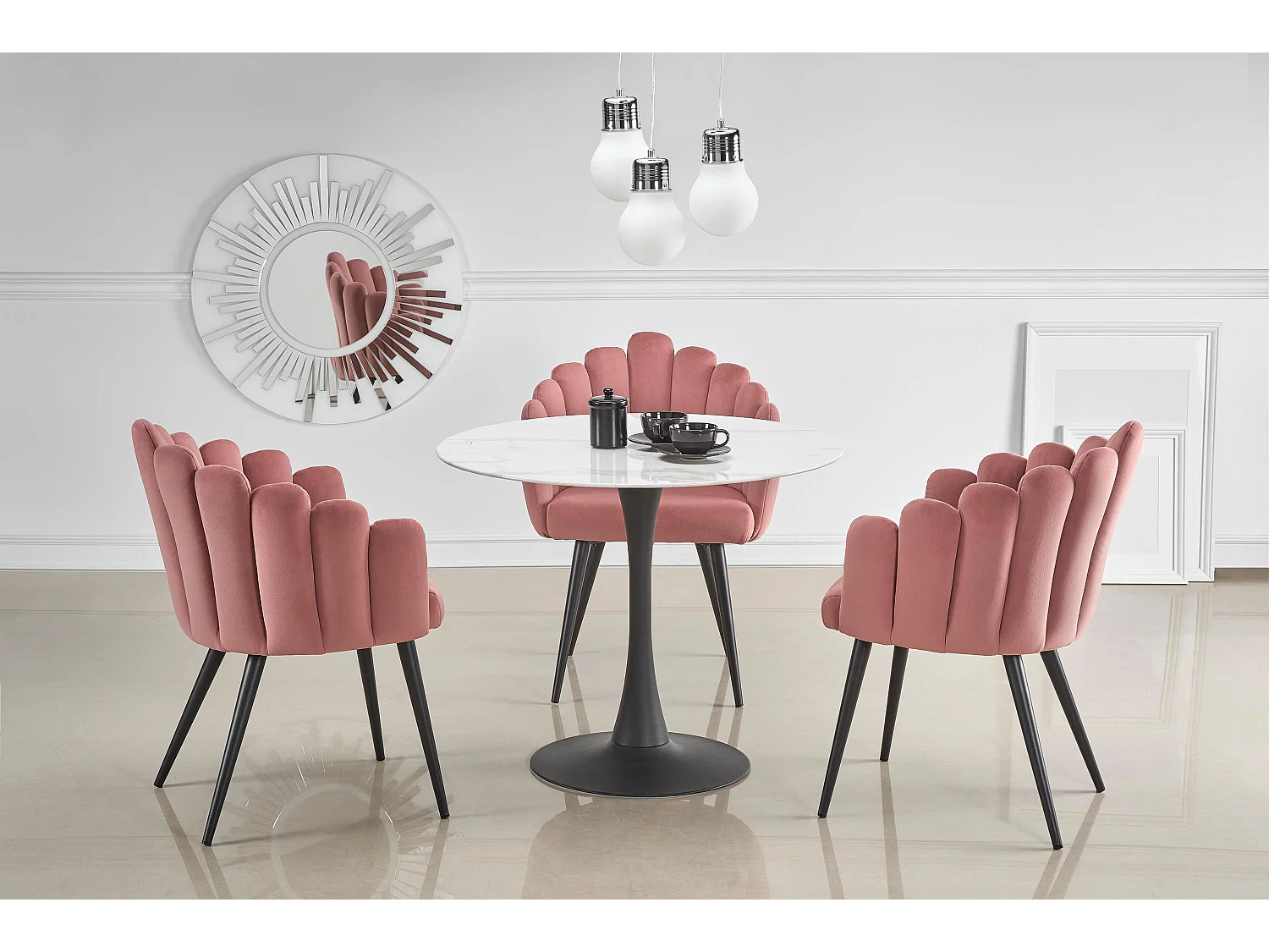 Table ronde 90cm avec plateau en verre aspect marbre blanc et pied central noir Amboise