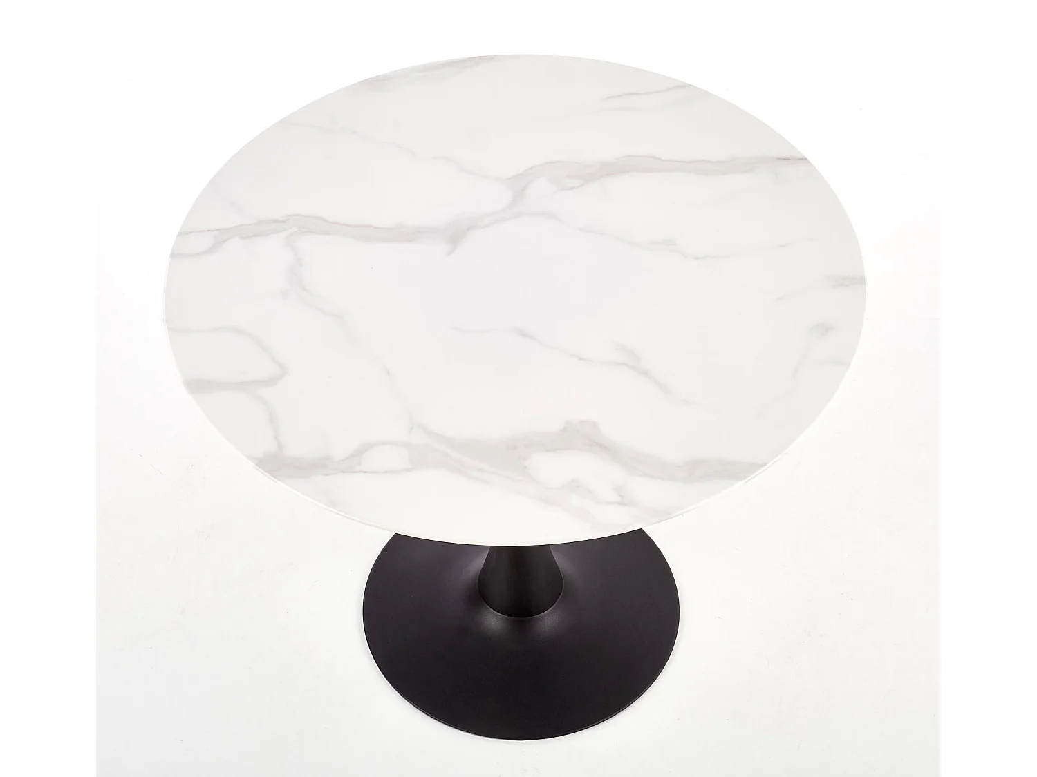 Table ronde 90cm avec plateau en verre aspect marbre blanc et pied central noir Amboise