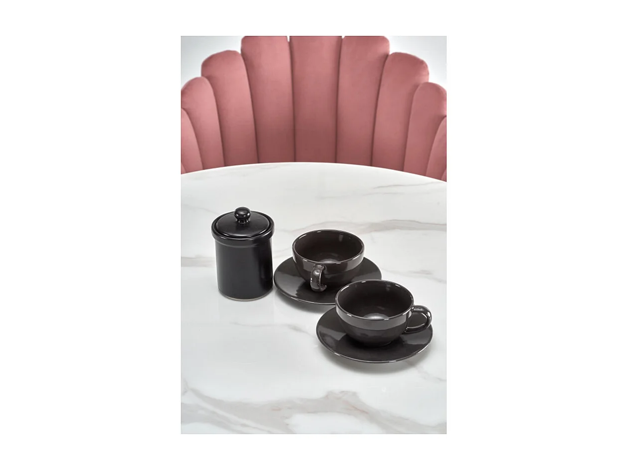 Table ronde 90cm avec plateau en verre aspect marbre blanc et pied central noir Amboise