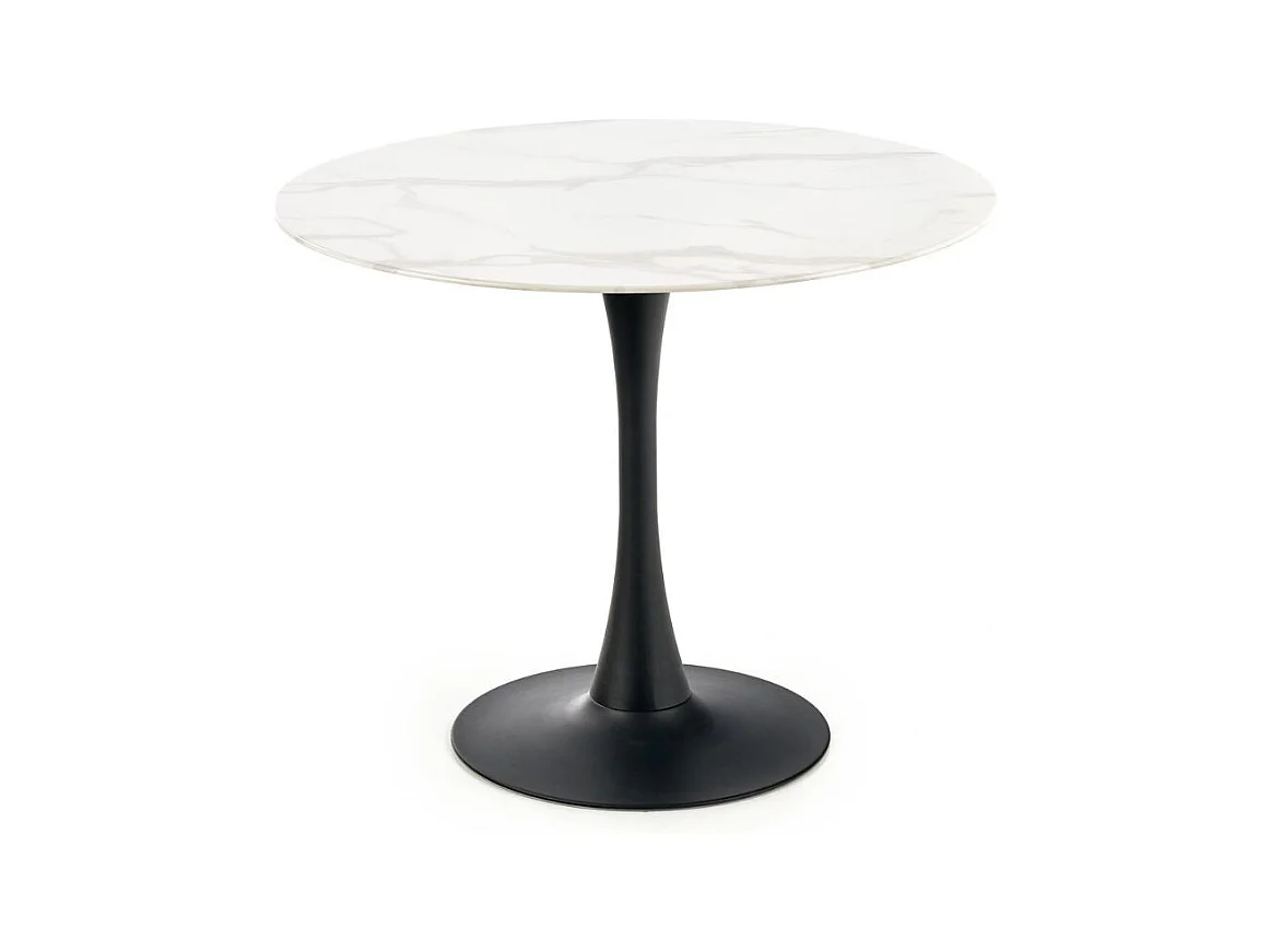 Table ronde 90cm avec plateau en verre aspect marbre blanc et pied central noir Amboise