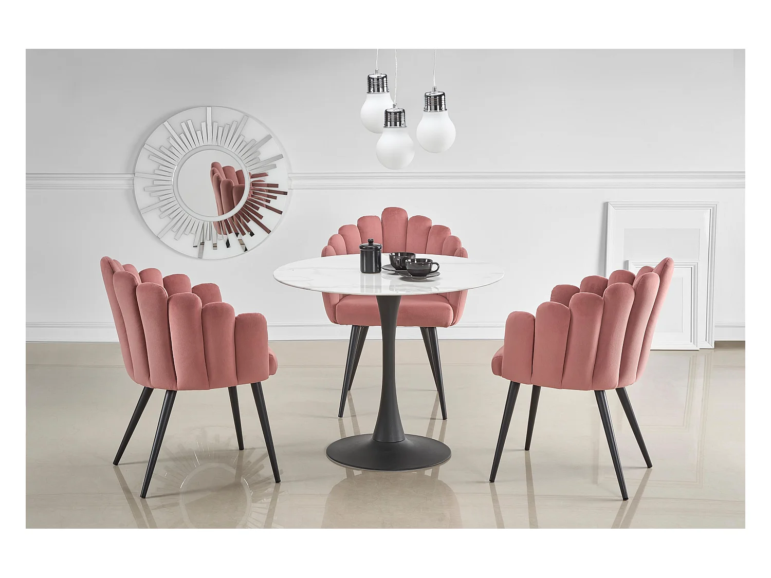 Mesa redonda de 90 cm con tablero de cristal imitación mármol blanco y pata central Amboise negra