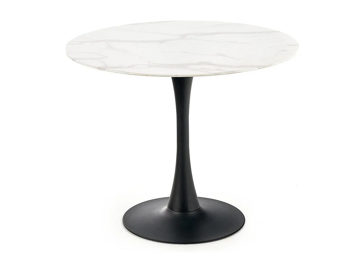 Tavolo rotondo da 90 cm con piano in vetro effetto marmo bianco e gamba centrale Amboise nera