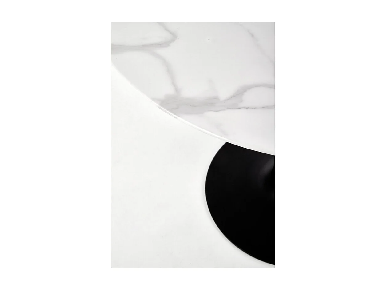 Tavolo rotondo da 90 cm con piano in vetro effetto marmo bianco e gamba centrale Amboise nera