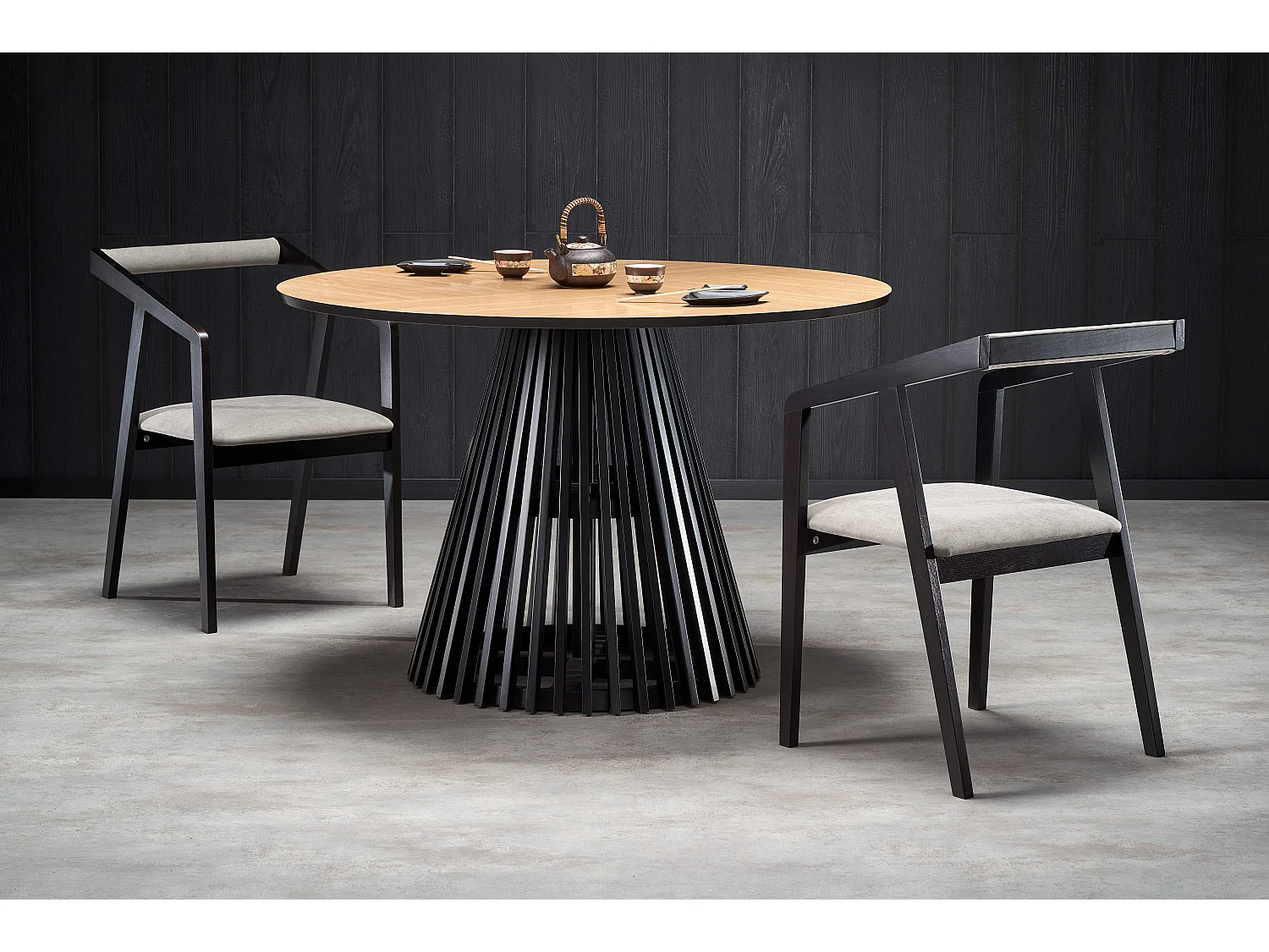 Mesa de comedor contemporánea redonda con tablero de aspecto roble natural y pata central negra OCTANT