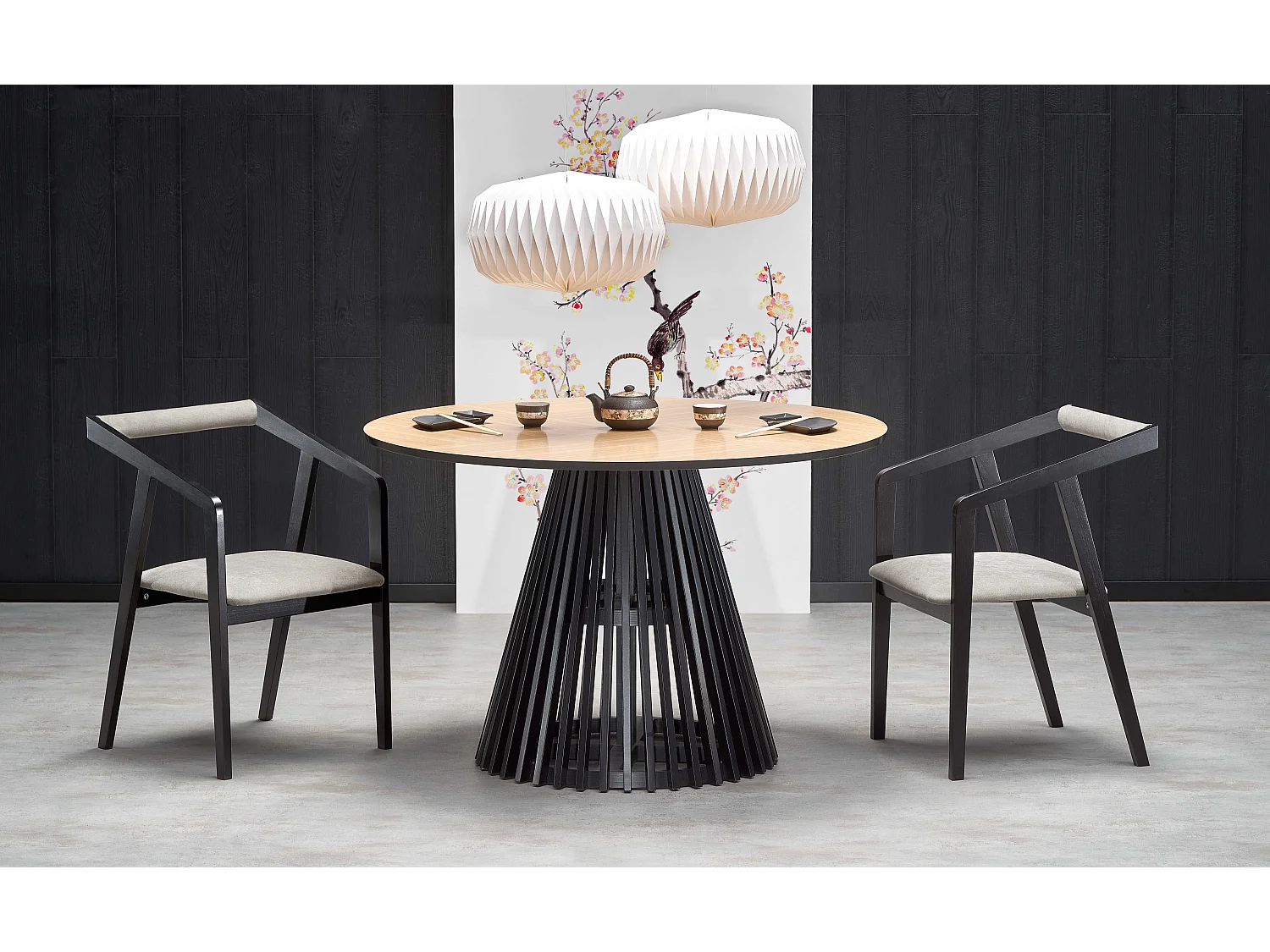 Mesa de comedor contemporánea redonda con tablero de aspecto roble natural y pata central negra OCTANT