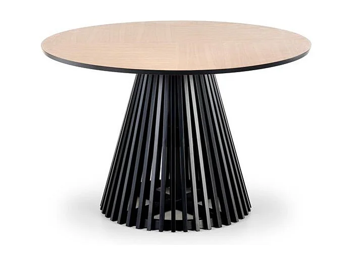 Mesa de comedor contemporánea redonda con tablero de aspecto roble natural y pata central negra OCTANT