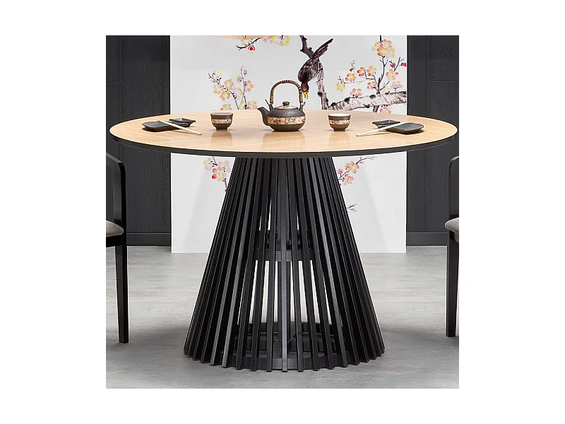Table de salle à manger contemporaine ronde avec plateau aspect chêne naturel et pied central noir OCTANT