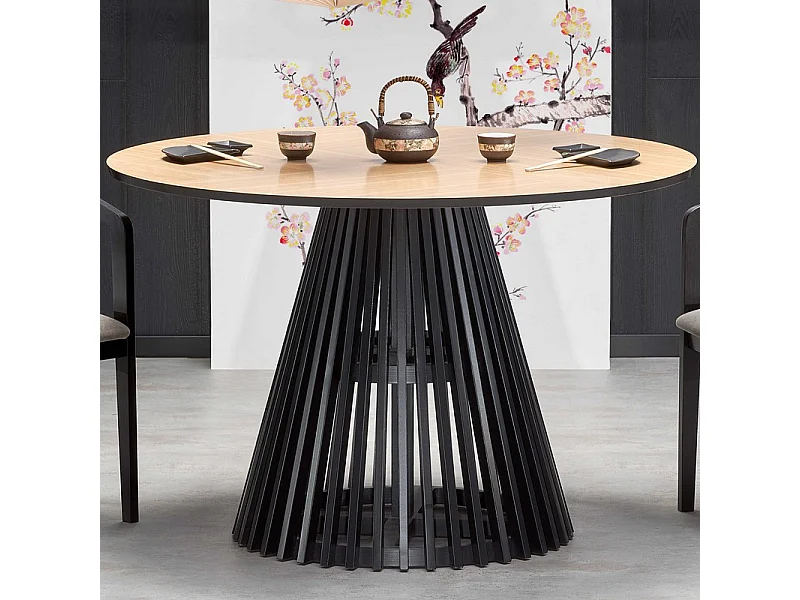 Table de salle à manger contemporaine ronde avec plateau aspect chêne naturel et pied central noir OCTANT