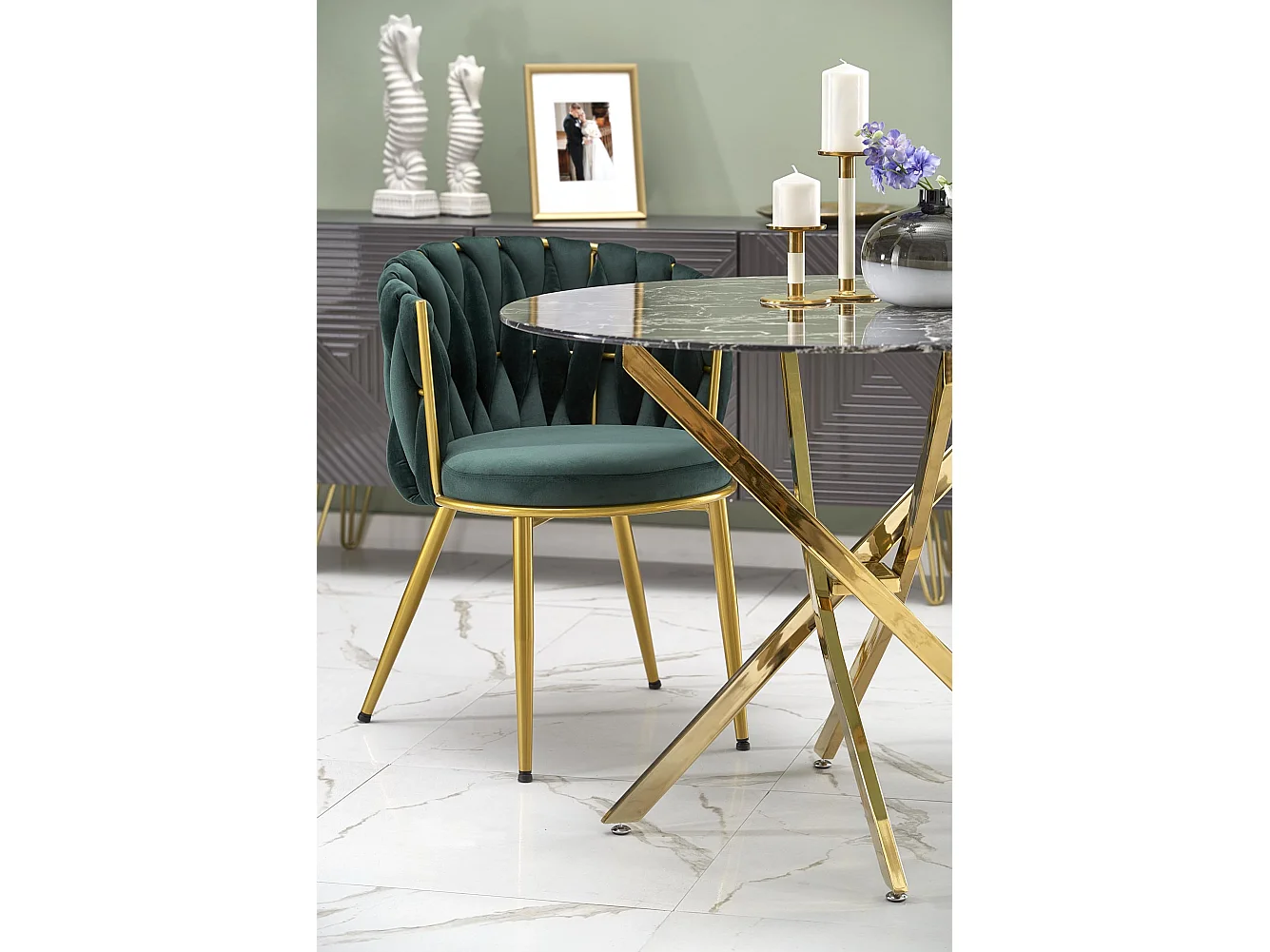 Table 100cm avec plateau aspect marbre noir et pied doré Mezzo