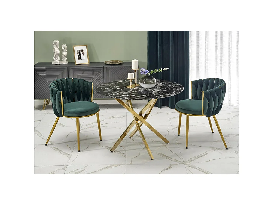 Mesa de 100 cm con tablero de aspecto mármol negro y base Mezzo dorada