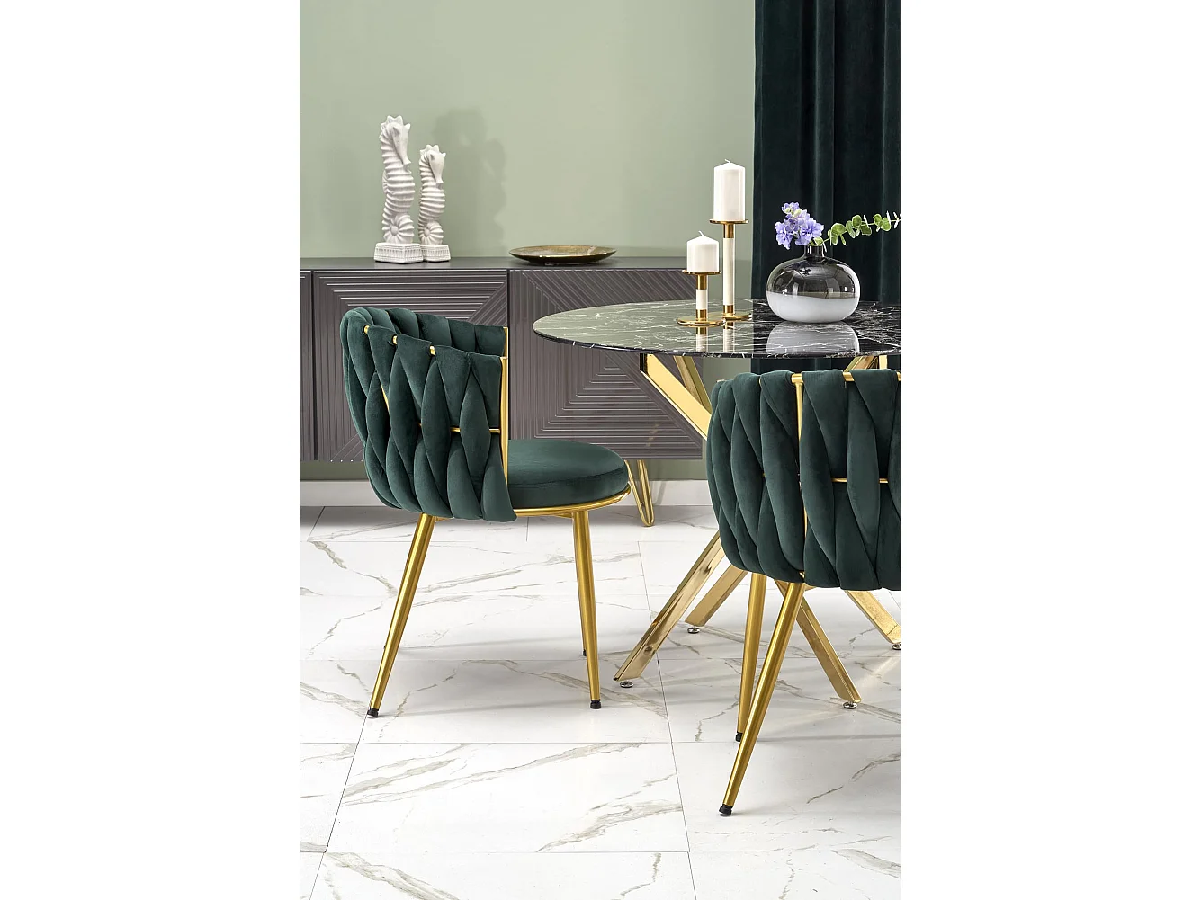 Table 100cm avec plateau aspect marbre noir et pied doré Mezzo