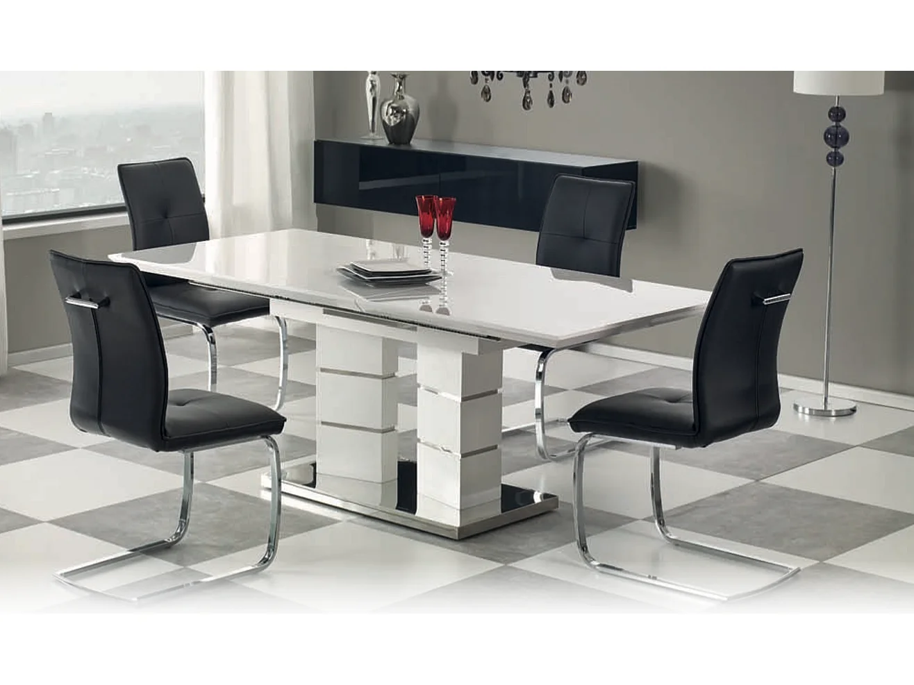 Table à manger double pied blanc laqué Liva