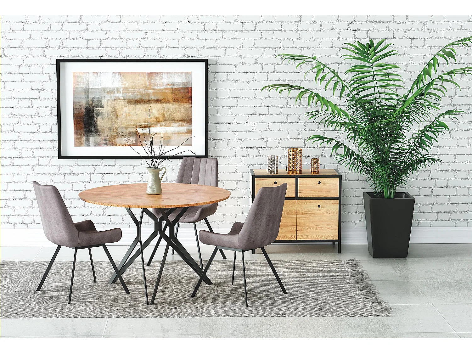 Mesa de comedor redonda Unity de 120 cm en roble dorado con patas de acero negro