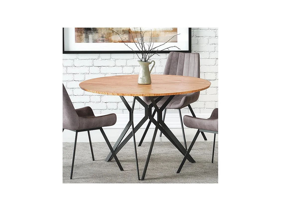 Table à manger ronde 120 cm aspect chêne doré et pied acier noir Unity