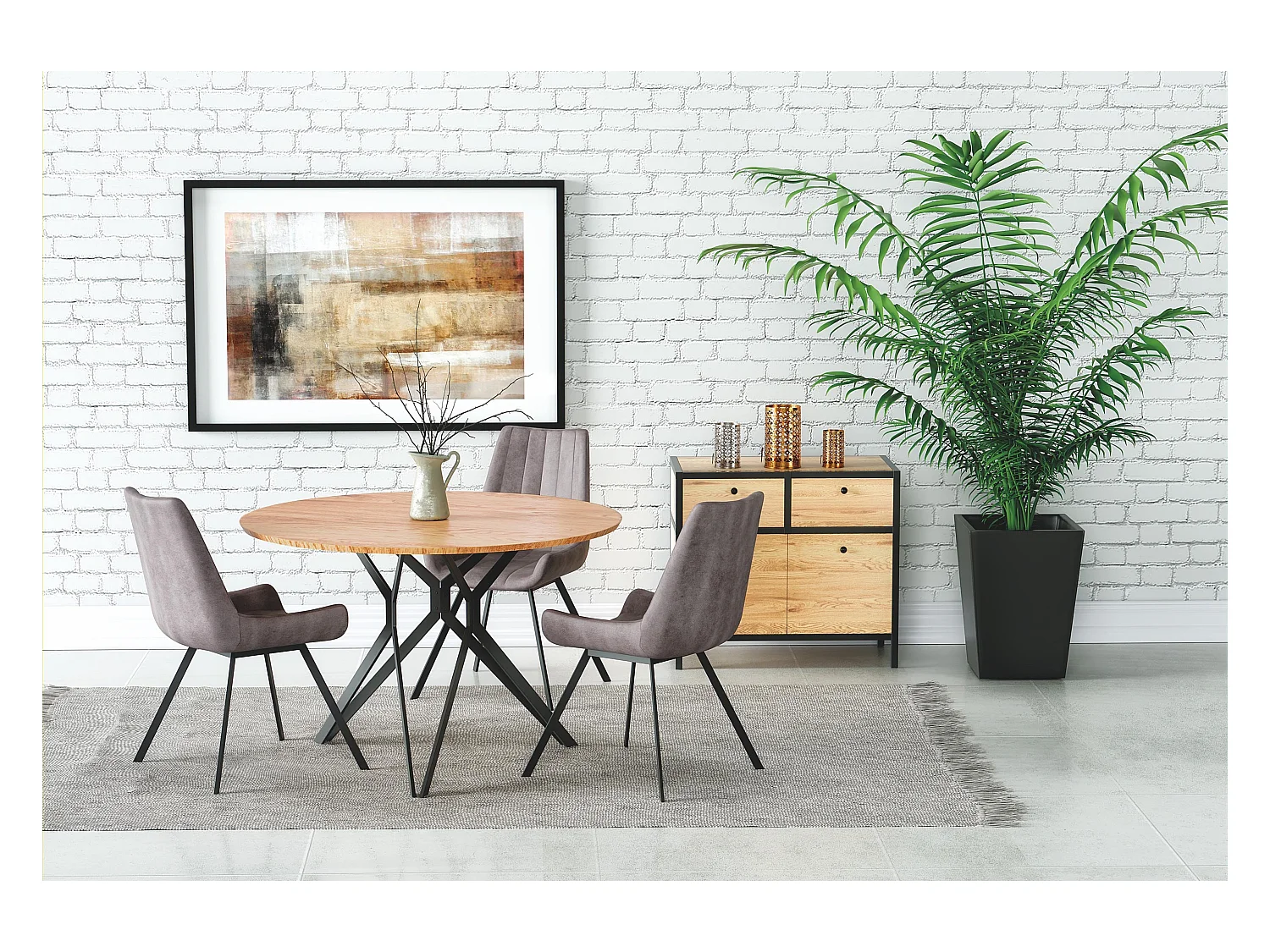 Table à manger ronde 120 cm aspect chêne doré et pied acier noir Unity