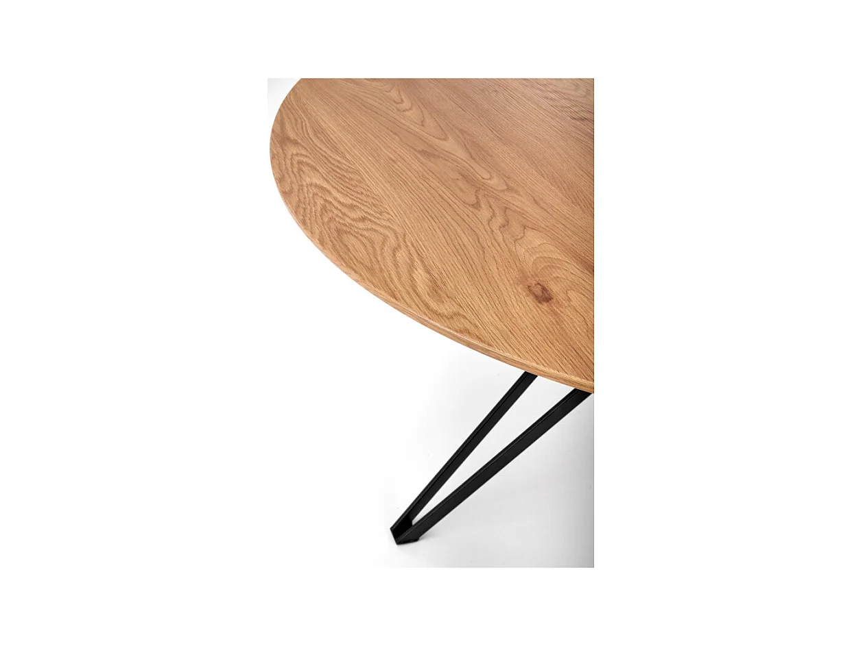 Table à manger ronde 120 cm aspect chêne doré et pied acier noir Unity
