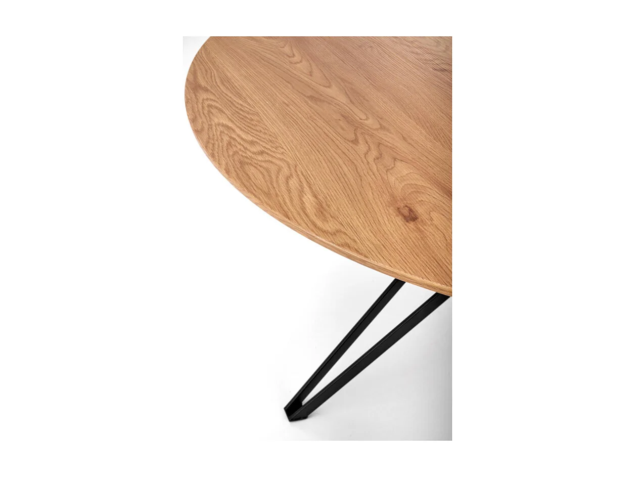 Table à manger ronde 120 cm aspect chêne doré et pied acier noir Unity