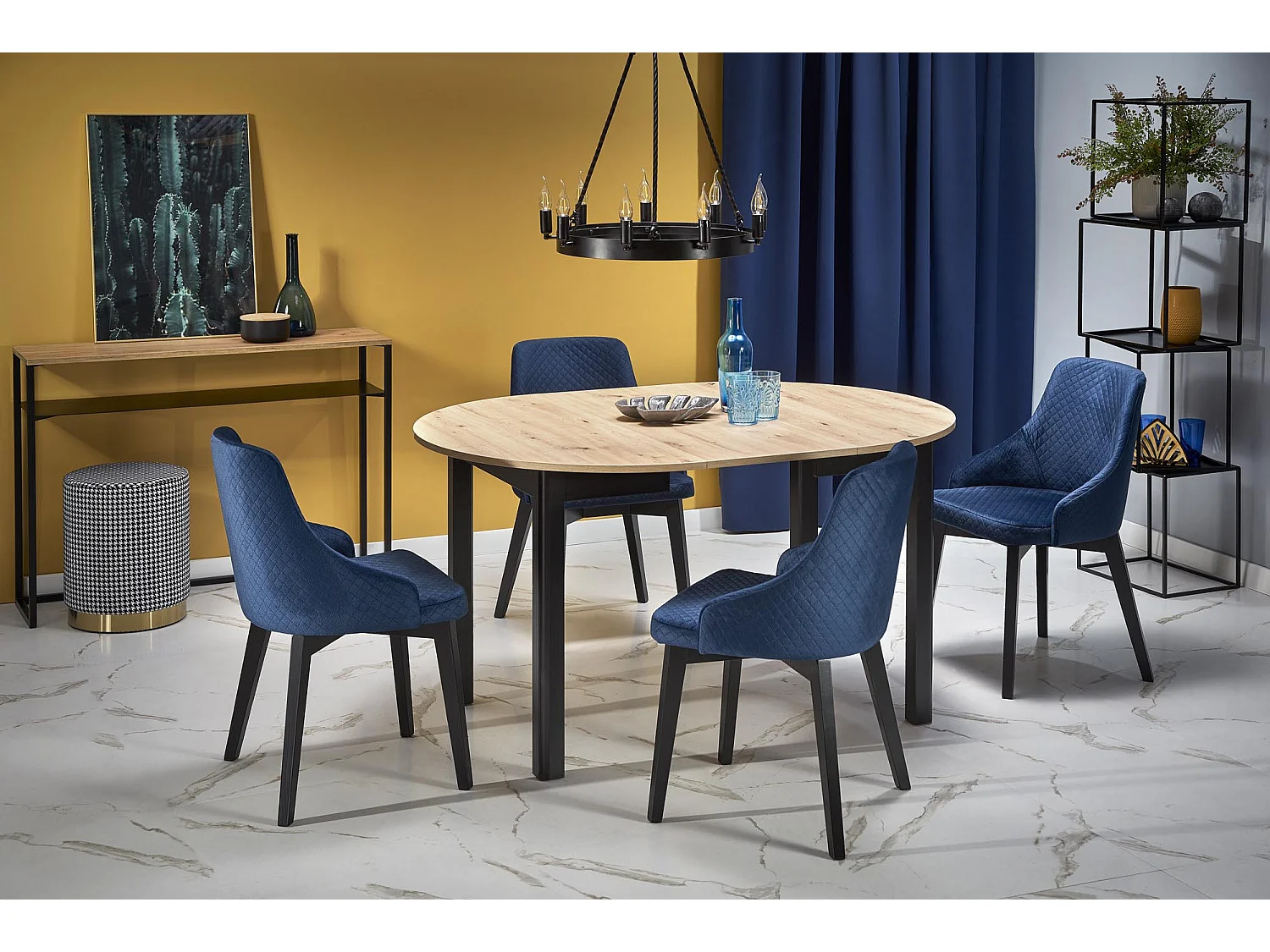 Tavolo da pranzo industriale rotondo allungabile con piano in rovere e gambe nere CARENE