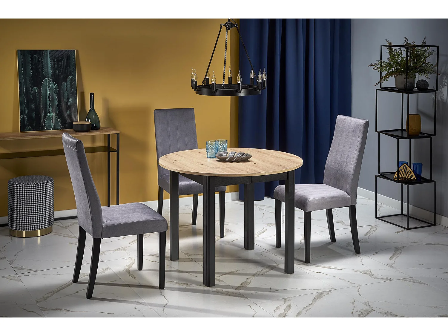 Tavolo da pranzo industriale rotondo allungabile con piano in rovere e gambe nere CARENE