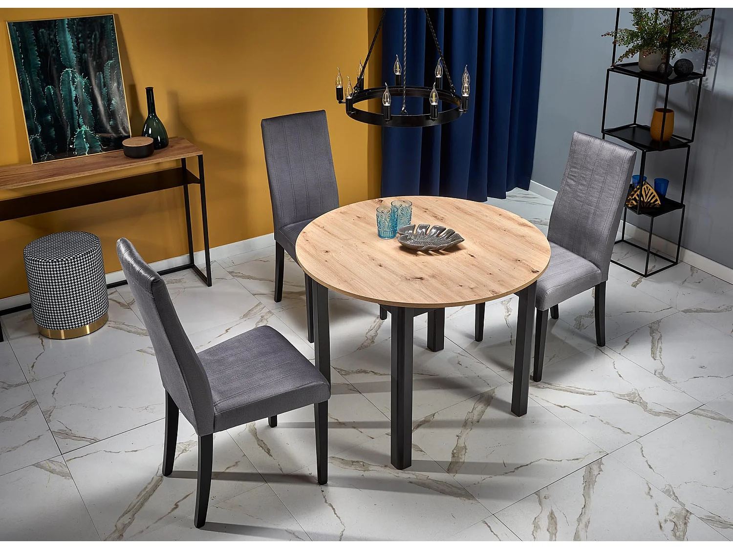 Mesa de comedor industrial redonda extensible con tablero de aspecto roble y patas negras CARENE