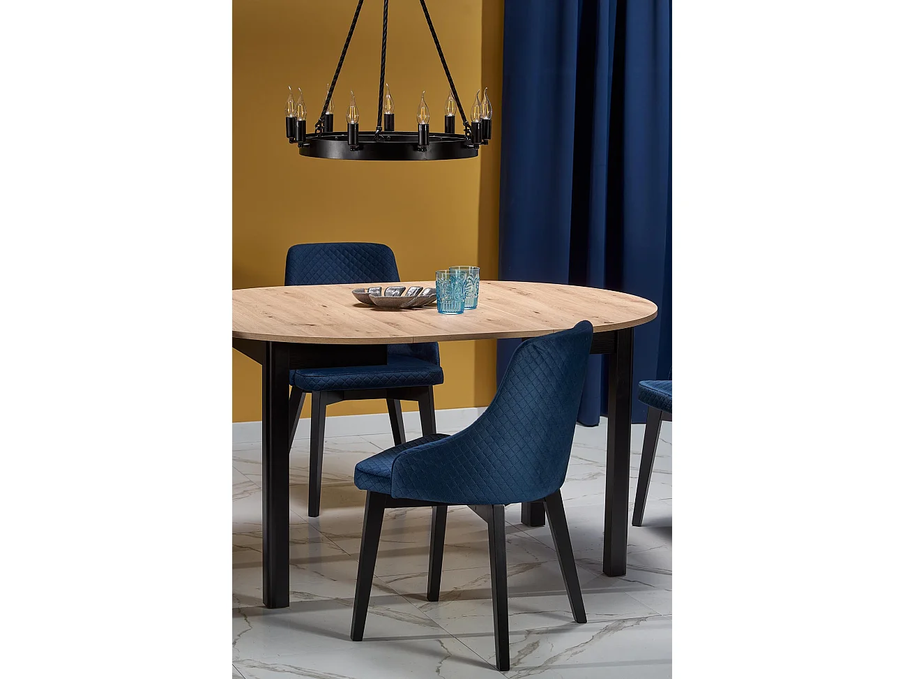 Mesa de comedor industrial redonda extensible con tablero de aspecto roble y patas negras CARENE