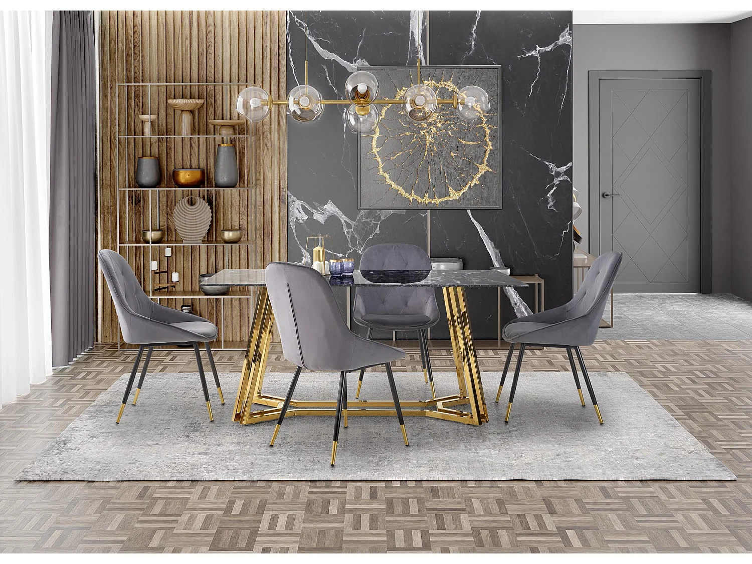 Mesa de comedor CLYTIA con tablero de cristal negro efecto mármol y base de metal dorado