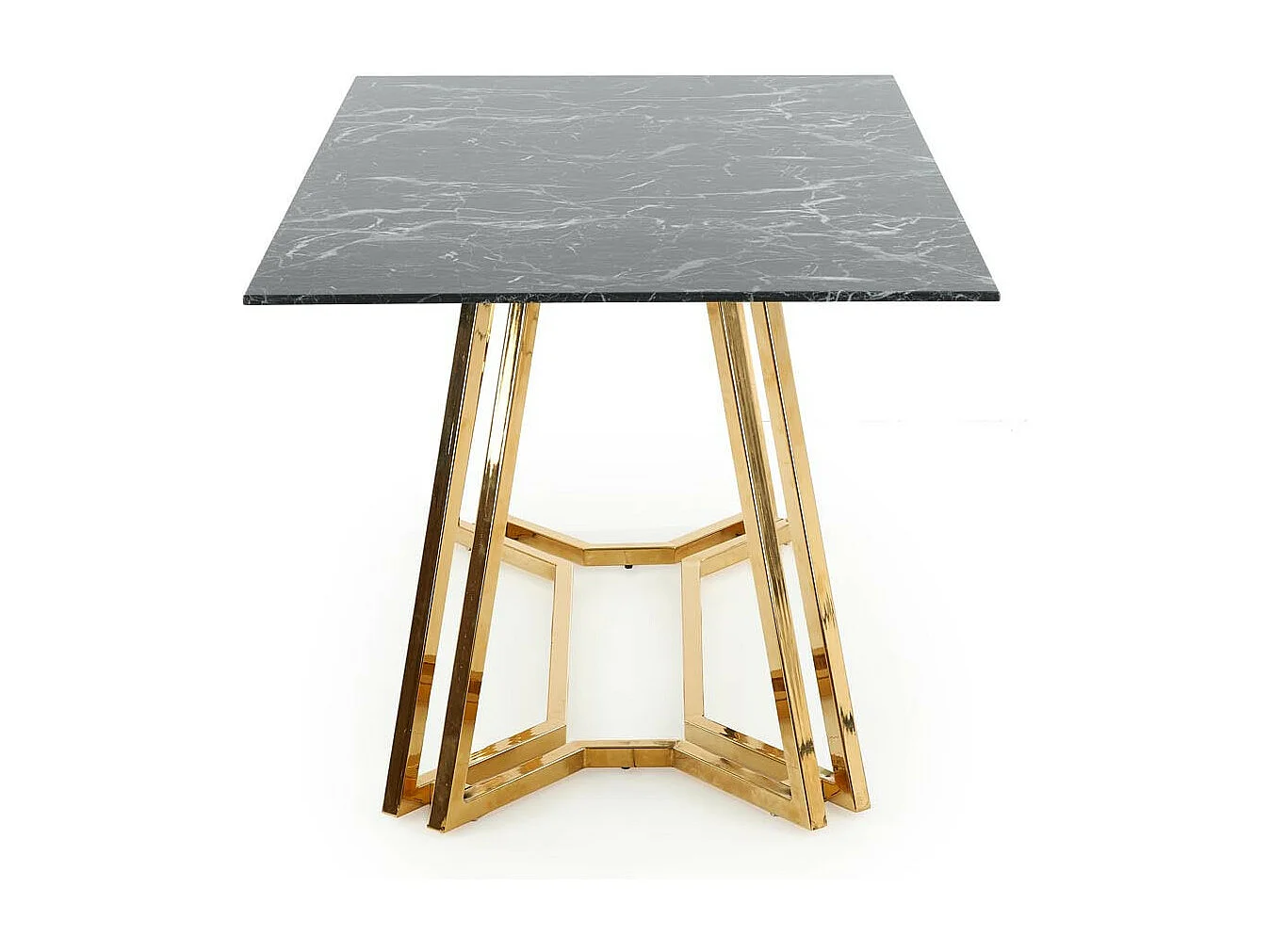 Mesa de comedor CLYTIA con tablero de cristal negro efecto mármol y base de metal dorado