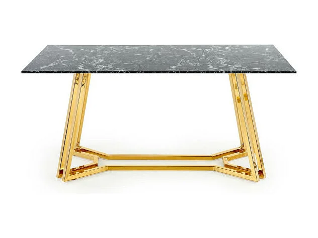 Mesa de comedor CLYTIA con tablero de cristal negro efecto mármol y base de metal dorado