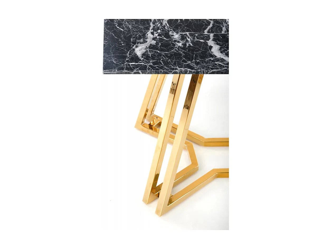 Mesa de comedor CLYTIA con tablero de cristal negro efecto mármol y base de metal dorado