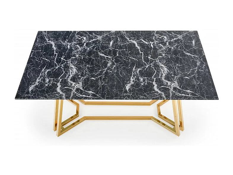 Mesa de comedor CLYTIA con tablero de cristal negro efecto mármol y base de metal dorado