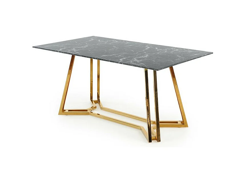 Table de salle à manger avec plateau en verre aspect marbre noir et piètement en métal doré CLYTIA