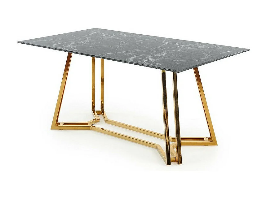 Mesa de comedor CLYTIA con tablero de cristal negro efecto mármol y base de metal dorado